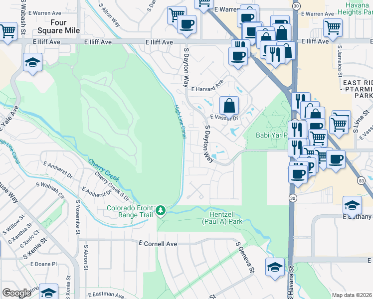 map of restaurants, bars, coffee shops, grocery stores, and more near 2669 South Dayton Way in Denver