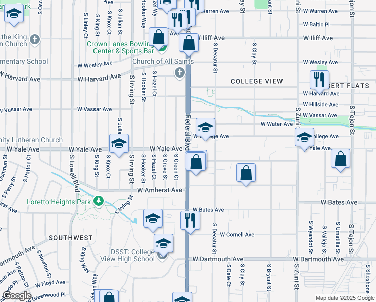 map of restaurants, bars, coffee shops, grocery stores, and more near in Denver