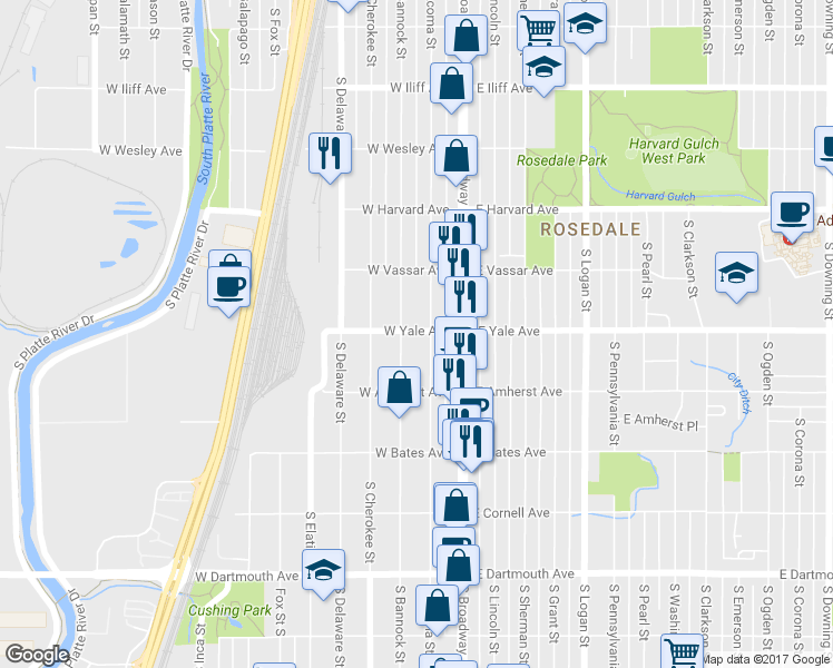 map of restaurants, bars, coffee shops, grocery stores, and more near 270 West Yale Avenue in Denver