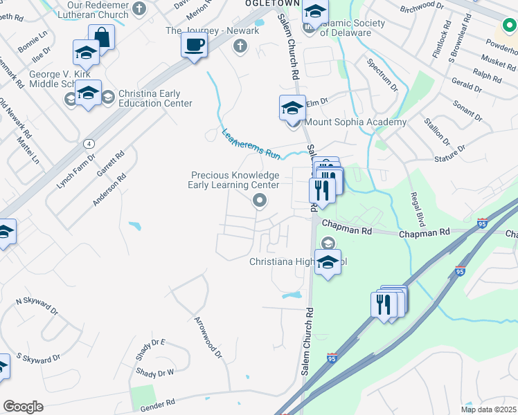 map of restaurants, bars, coffee shops, grocery stores, and more near 611 Oakdale Road in Newark