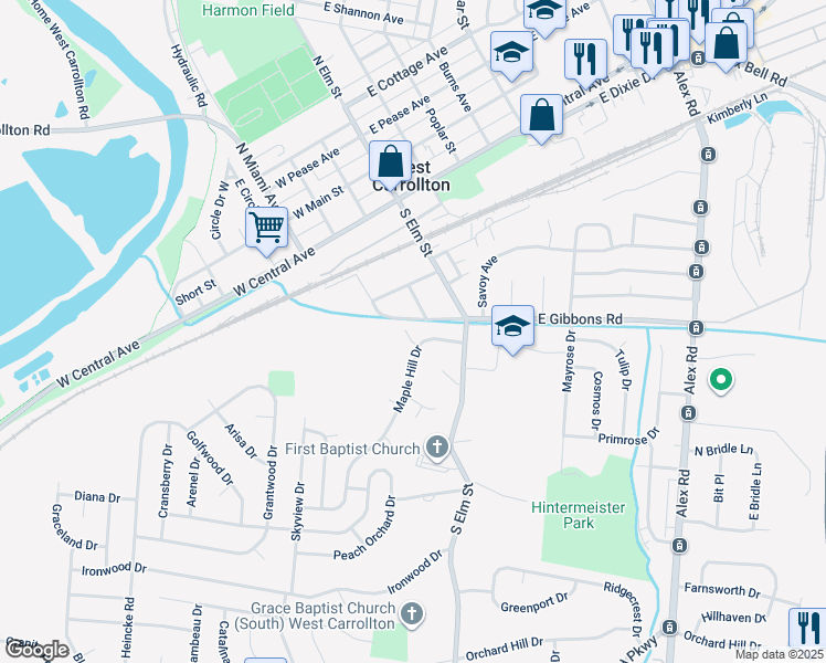 map of restaurants, bars, coffee shops, grocery stores, and more near 35 Maplehill Circle in Dayton