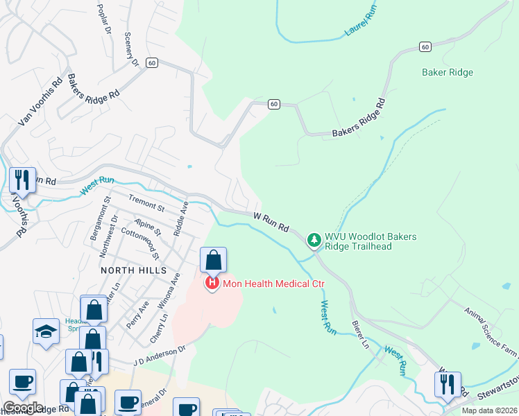 map of restaurants, bars, coffee shops, grocery stores, and more near 113 Cadet Court in Morgantown