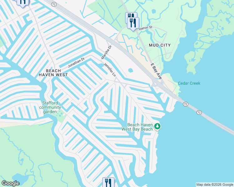map of restaurants, bars, coffee shops, grocery stores, and more near 36 Jeffrey Drive in Stafford Township