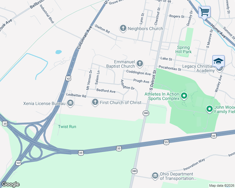map of restaurants, bars, coffee shops, grocery stores, and more near 231 Bedford Avenue in Xenia