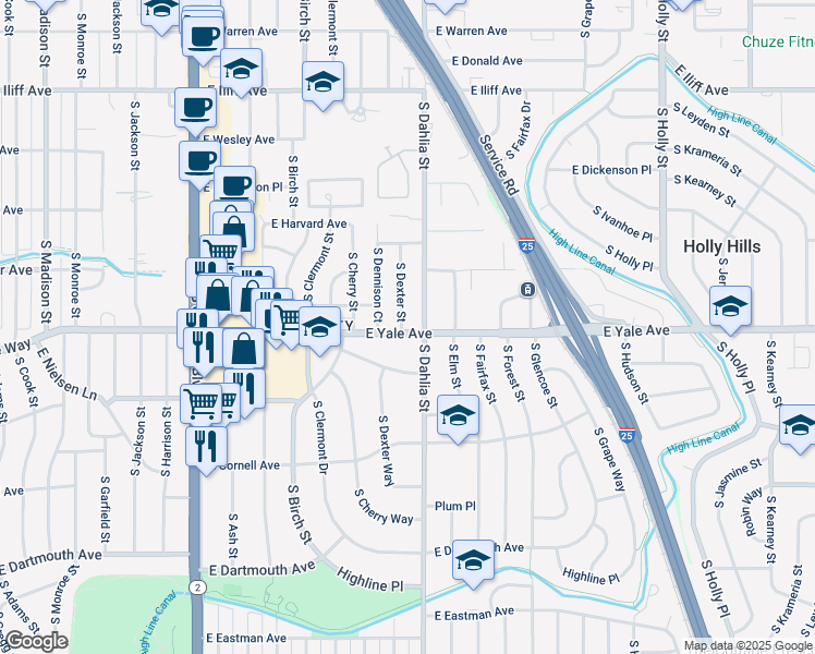 map of restaurants, bars, coffee shops, grocery stores, and more near 2674 South Dexter Street in Denver