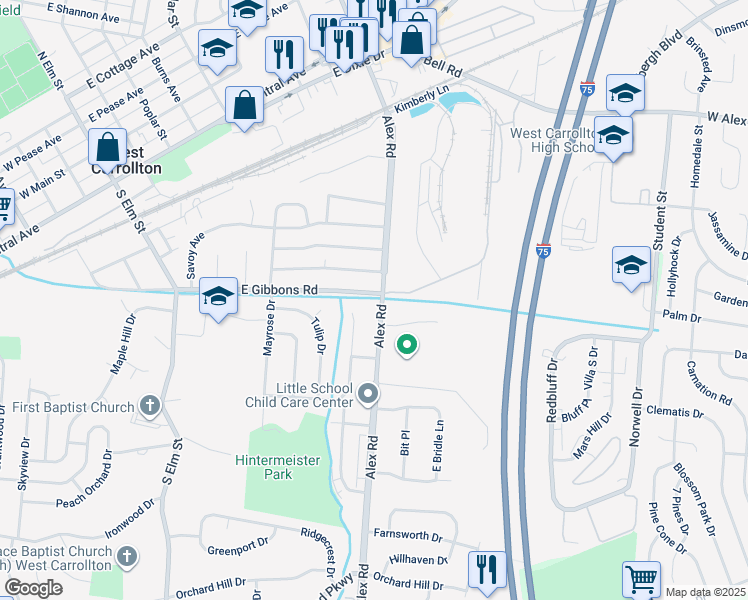 map of restaurants, bars, coffee shops, grocery stores, and more near 801 South Alex Road in Dayton