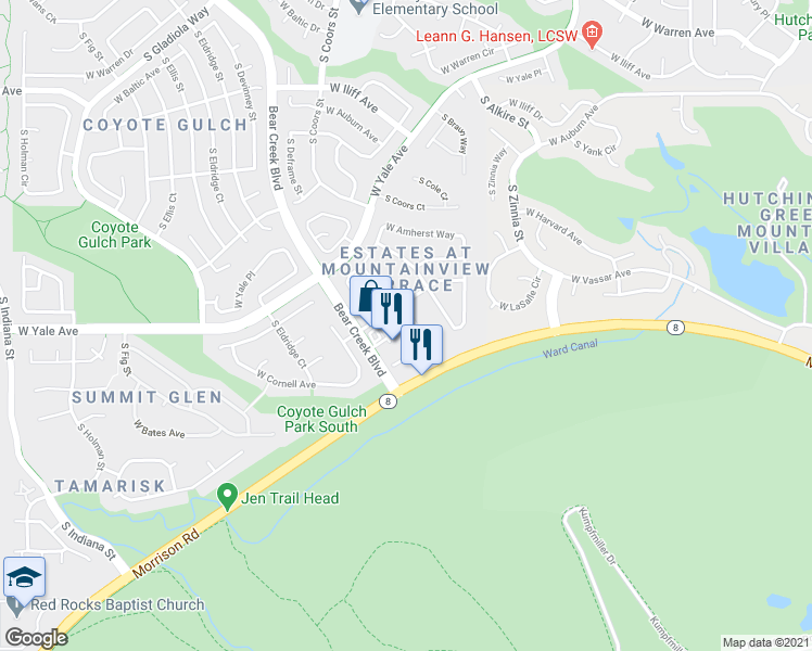 map of restaurants, bars, coffee shops, grocery stores, and more near 2907 South Deframe Way in Lakewood