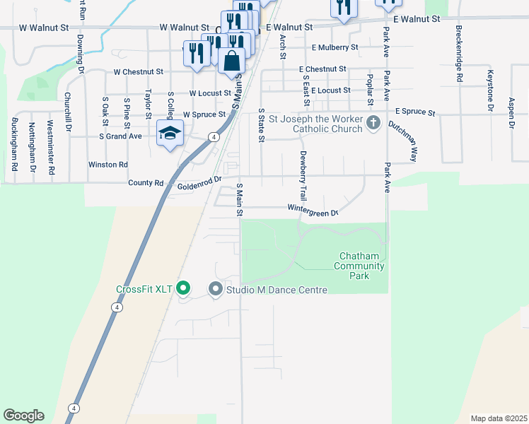 map of restaurants, bars, coffee shops, grocery stores, and more near 200 Wintergreen Drive in Chatham
