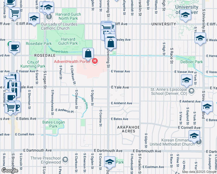 map of restaurants, bars, coffee shops, grocery stores, and more near E Yale Ave & S Downing St in Denver