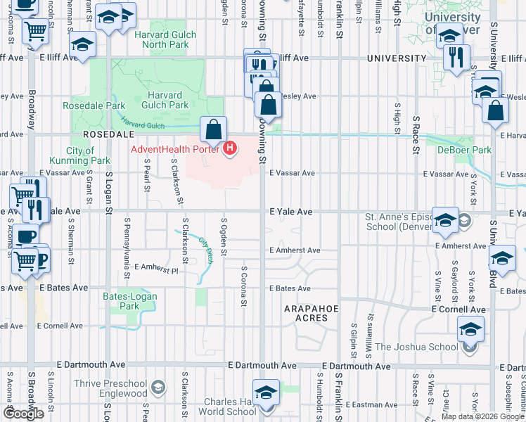 map of restaurants, bars, coffee shops, grocery stores, and more near East Yale Avenue & South Downing Street in Denver