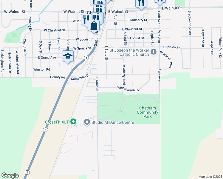 map of restaurants, bars, coffee shops, grocery stores, and more near 200 Wintergreen Drive in Chatham
