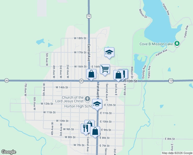map of restaurants, bars, coffee shops, grocery stores, and more near 1501-1595 1st Avenue East in Horton