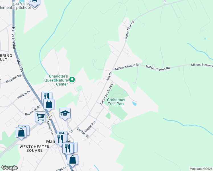 map of restaurants, bars, coffee shops, grocery stores, and more near 3411 York Street in Manchester