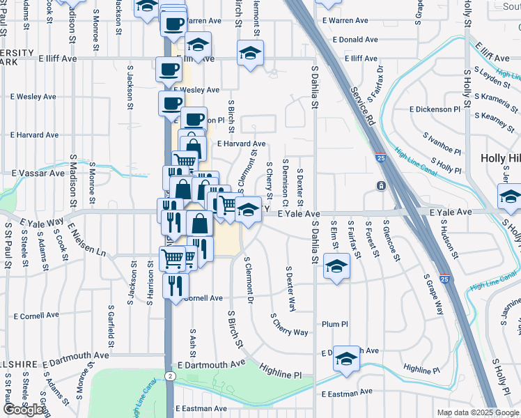 map of restaurants, bars, coffee shops, grocery stores, and more near 4567 East Yale Avenue in Denver