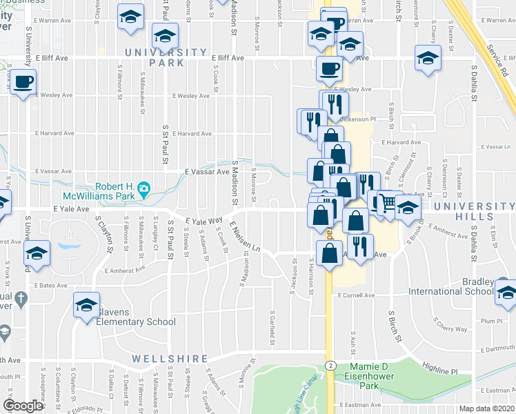 map of restaurants, bars, coffee shops, grocery stores, and more near 2700 South Monroe Street in Denver