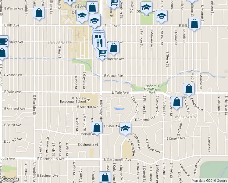 map of restaurants, bars, coffee shops, grocery stores, and more near 2695 South Josephine Street in Denver