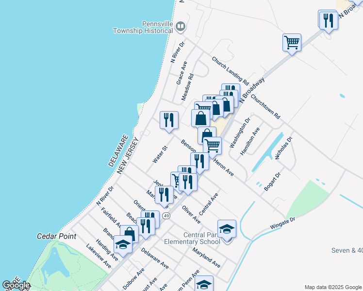 map of restaurants, bars, coffee shops, grocery stores, and more near 29 Benson Avenue in Pennsville Township