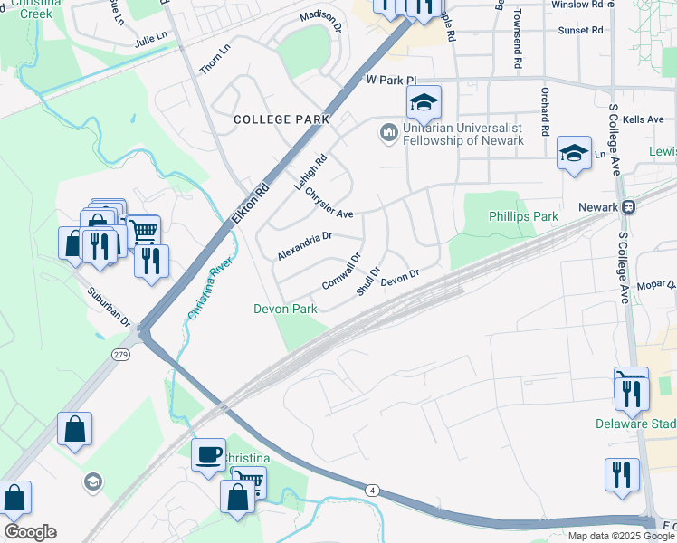 map of restaurants, bars, coffee shops, grocery stores, and more near 23 Cornwall Drive in Newark