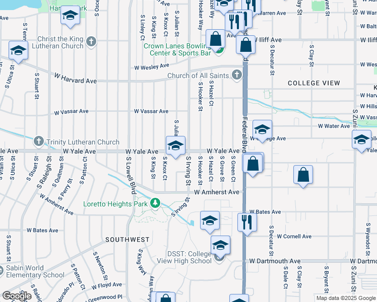 map of restaurants, bars, coffee shops, grocery stores, and more near W Yale Ave & S Irving St in Denver