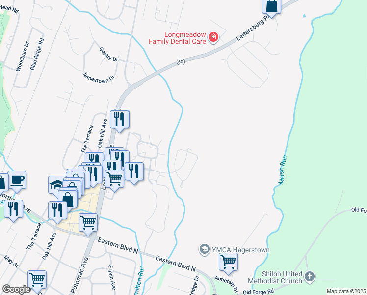 map of restaurants, bars, coffee shops, grocery stores, and more near 12932 Hawkins Circle in Hagerstown