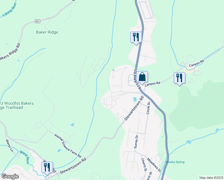 map of restaurants, bars, coffee shops, grocery stores, and more near 3017 Evergreen Lane in Morgantown