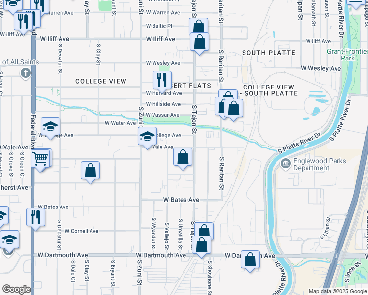 map of restaurants, bars, coffee shops, grocery stores, and more near 2094 West Yale Avenue in Englewood
