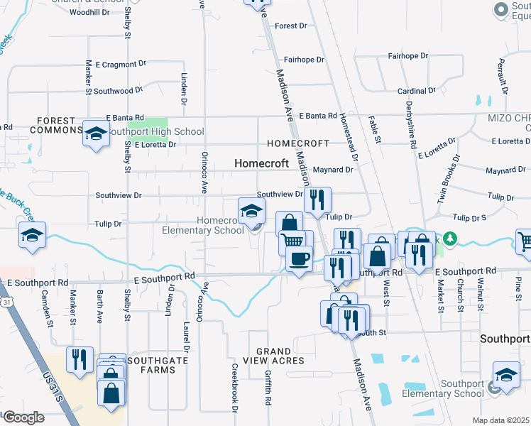 map of restaurants, bars, coffee shops, grocery stores, and more near 1620 Tulip Drive in Indianapolis