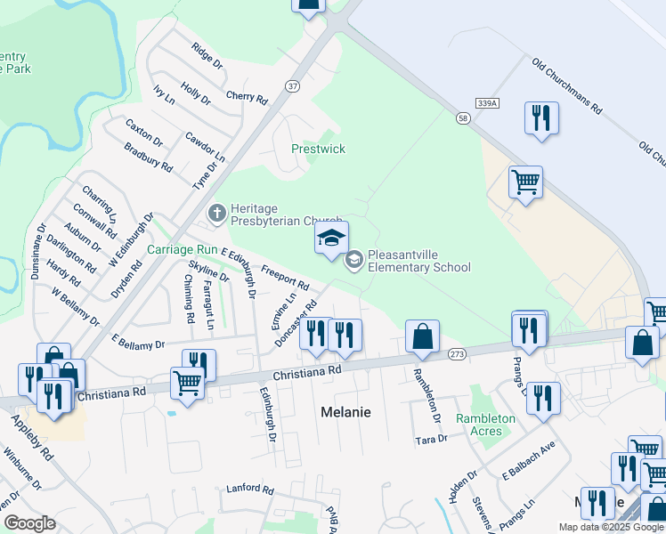 map of restaurants, bars, coffee shops, grocery stores, and more near 16 Pleasant Place in New Castle