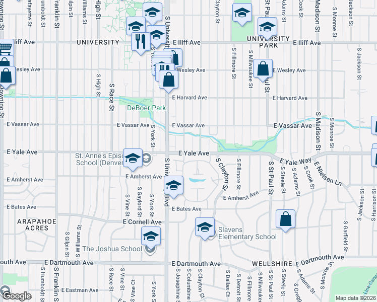 map of restaurants, bars, coffee shops, grocery stores, and more near 2695 South Josephine Street in Denver