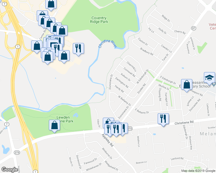 map of restaurants, bars, coffee shops, grocery stores, and more near 83 Dunsinane Drive in New Castle