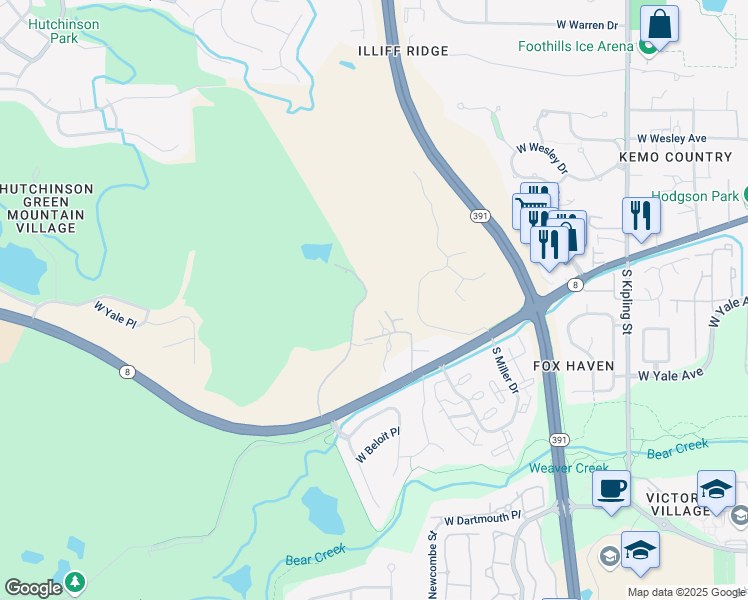 map of restaurants, bars, coffee shops, grocery stores, and more near 2700 South Oak Street in Lakewood