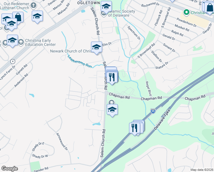 map of restaurants, bars, coffee shops, grocery stores, and more near 132 Salem Church Rd in Newark