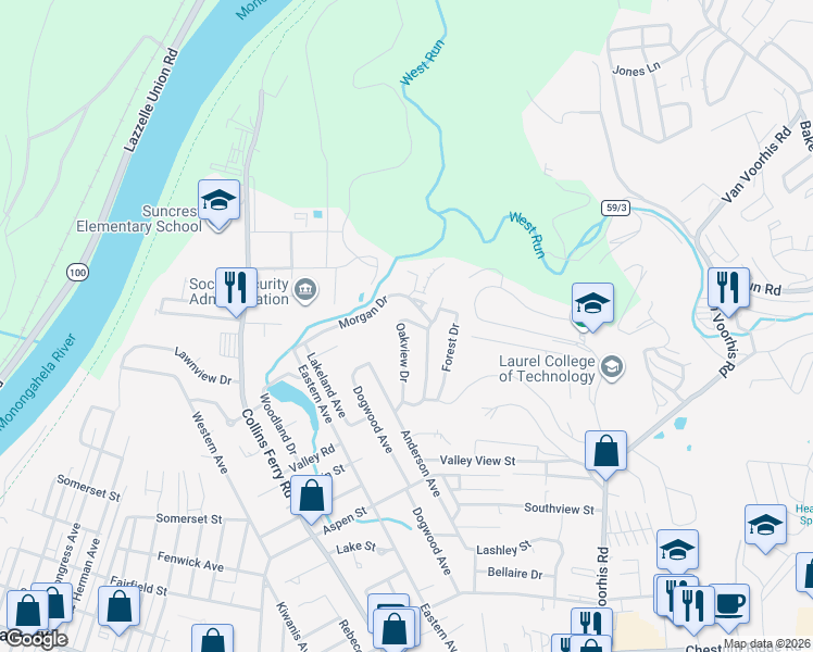 map of restaurants, bars, coffee shops, grocery stores, and more near 113 Oakview Drive in Morgantown