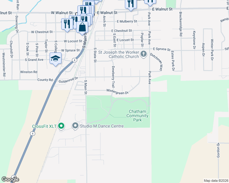 map of restaurants, bars, coffee shops, grocery stores, and more near 416 Wintergreen Drive in Chatham