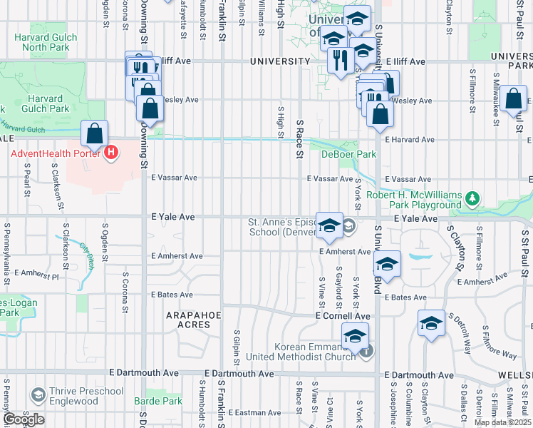 map of restaurants, bars, coffee shops, grocery stores, and more near 2701 South High Street in Denver