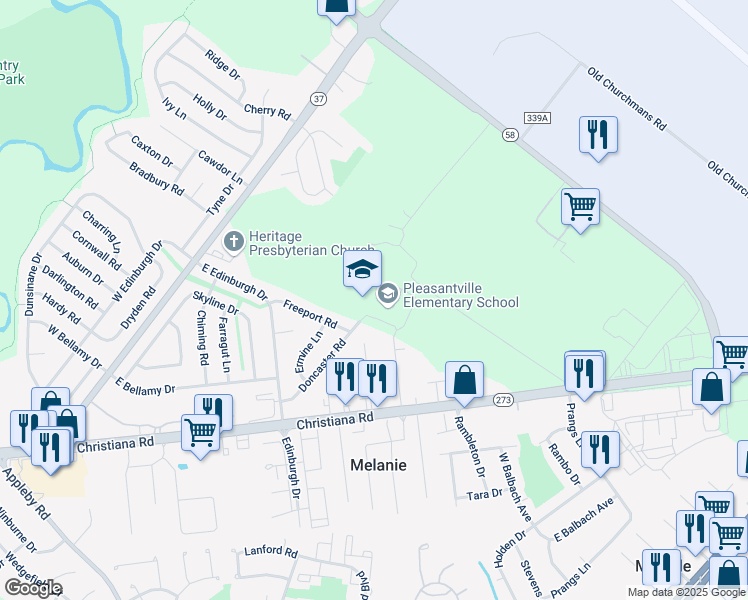 map of restaurants, bars, coffee shops, grocery stores, and more near 16 Pleasant Place in New Castle