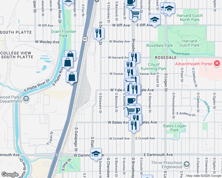 map of restaurants, bars, coffee shops, grocery stores, and more near 2688 South Cherokee Street in Denver