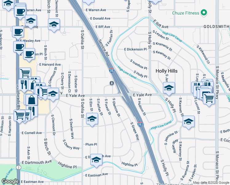 map of restaurants, bars, coffee shops, grocery stores, and more near 5307 East Yale Avenue in Denver