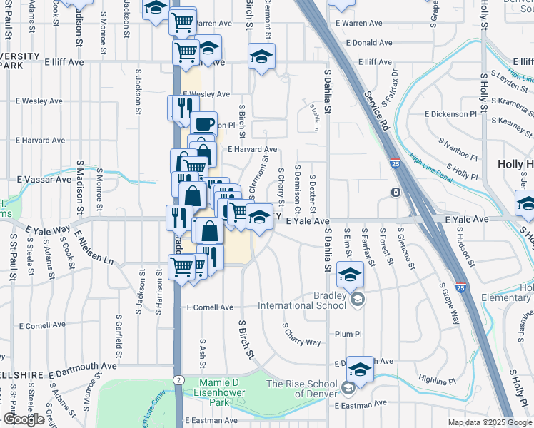 map of restaurants, bars, coffee shops, grocery stores, and more near 4567 East Yale Avenue in Denver