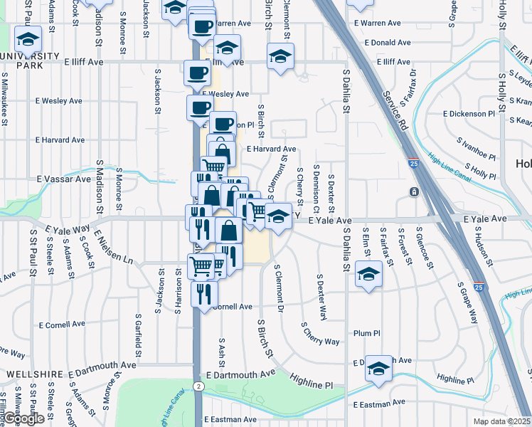 map of restaurants, bars, coffee shops, grocery stores, and more near in Denver