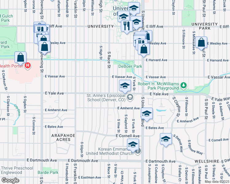 map of restaurants, bars, coffee shops, grocery stores, and more near 2702 South Race Street in Denver