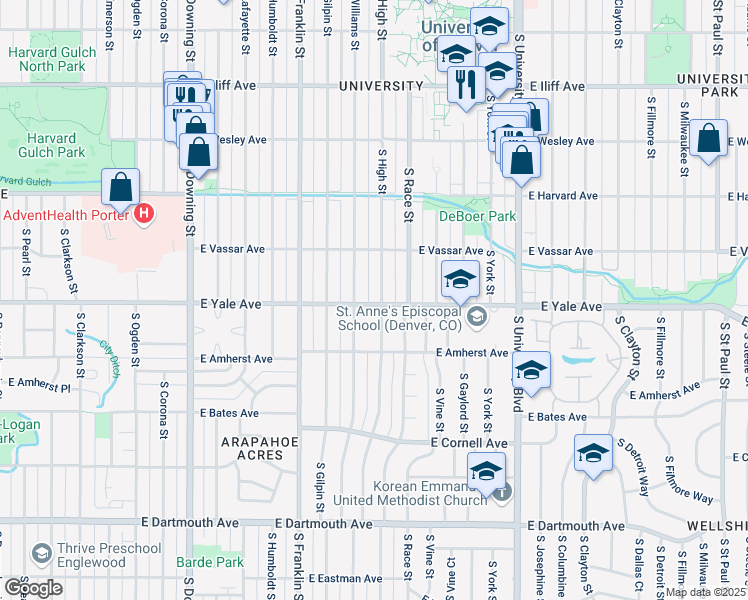 map of restaurants, bars, coffee shops, grocery stores, and more near 2701 South High Street in Denver