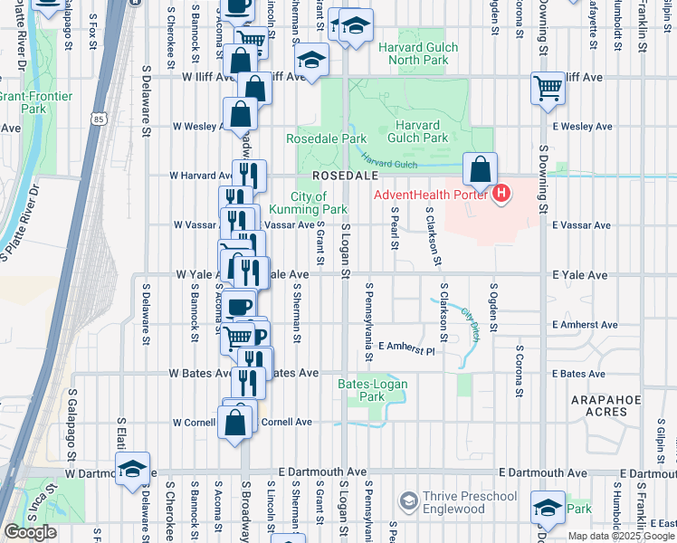 map of restaurants, bars, coffee shops, grocery stores, and more near 300 East Yale Avenue in Englewood