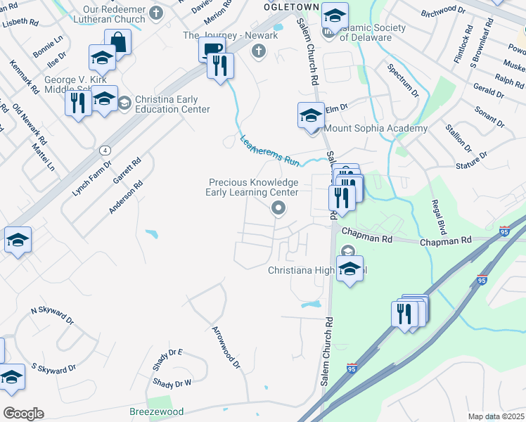map of restaurants, bars, coffee shops, grocery stores, and more near 909 Village Circle in Newark