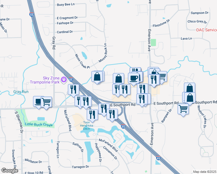 map of restaurants, bars, coffee shops, grocery stores, and more near 44 in Indianapolis