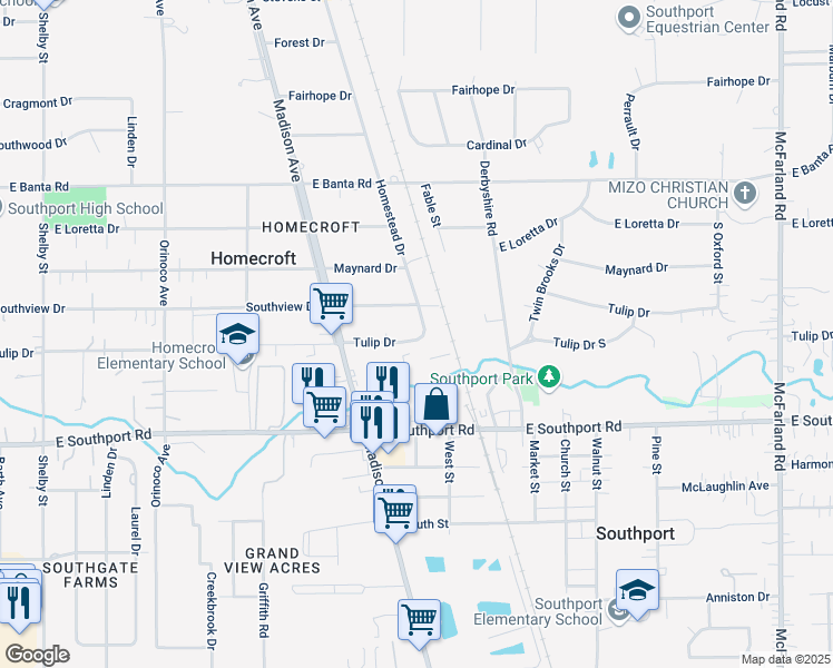 map of restaurants, bars, coffee shops, grocery stores, and more near 1738 Tulip Drive in Indianapolis