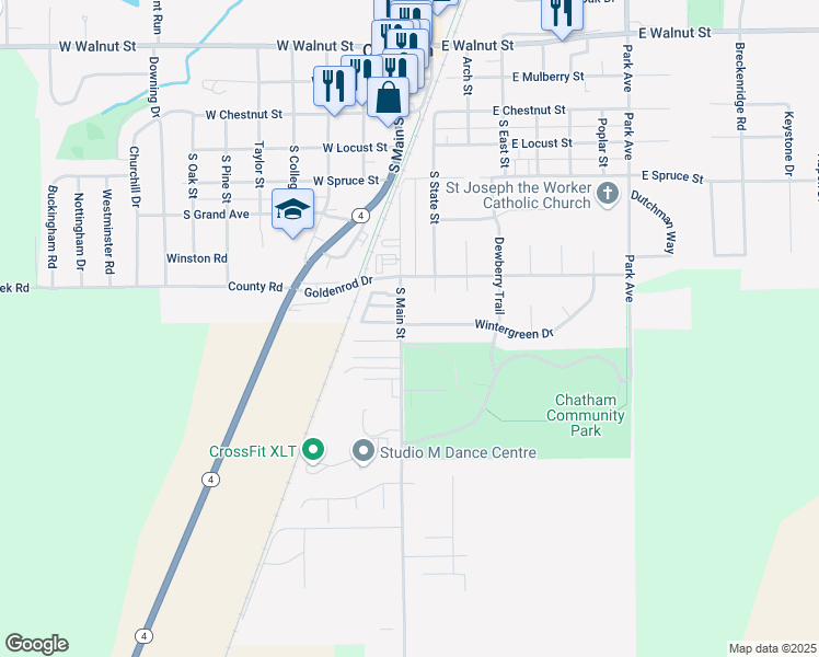 map of restaurants, bars, coffee shops, grocery stores, and more near 615 South Main Street in Chatham