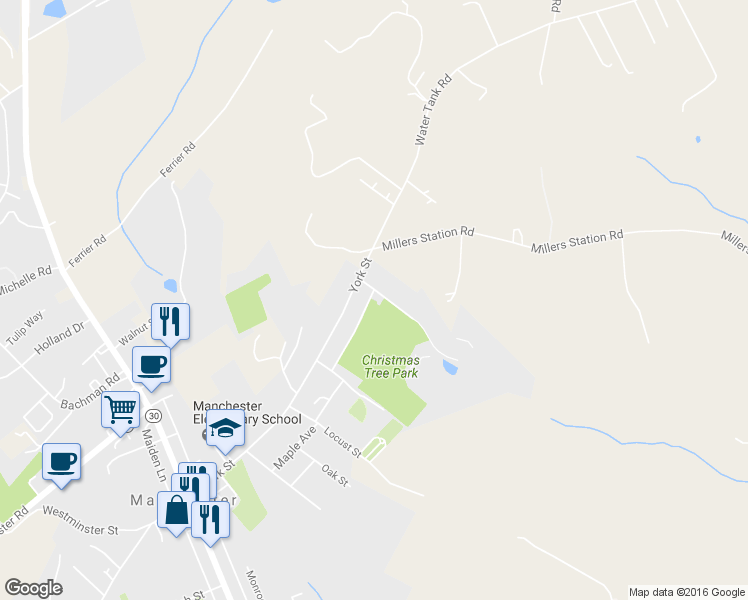 map of restaurants, bars, coffee shops, grocery stores, and more near 3379 Water Street in Manchester