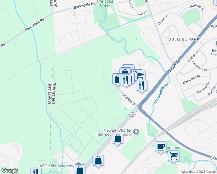 map of restaurants, bars, coffee shops, grocery stores, and more near 510 Hamlet Way in Newark