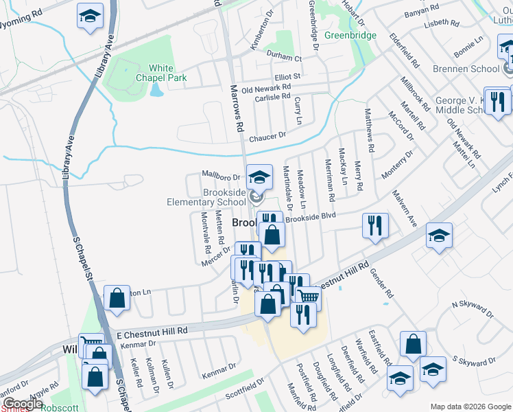 map of restaurants, bars, coffee shops, grocery stores, and more near 800 Marrows Road in Newark